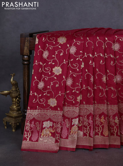 Banarasi semi raw silk saree red with allover floarl zari weaves and thread & zari woven border