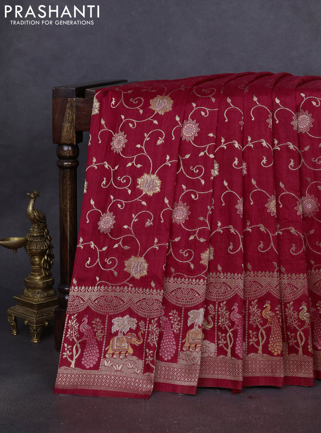 Banarasi semi raw silk saree red with allover floarl zari weaves and thread & zari woven border