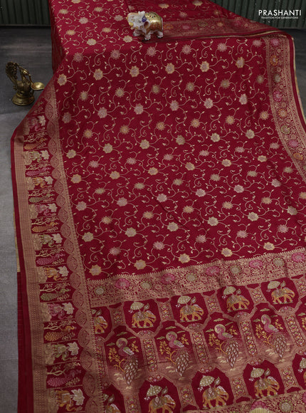 Banarasi semi raw silk saree red with allover floarl zari weaves and thread & zari woven border