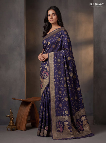 Banarasi semi raw silk saree navy blue with allover floarl zari weaves and thread & zari woven border