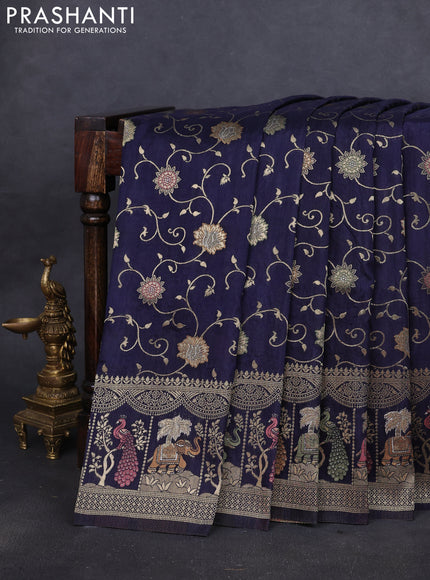 Banarasi semi raw silk saree navy blue with allover floarl zari weaves and thread & zari woven border