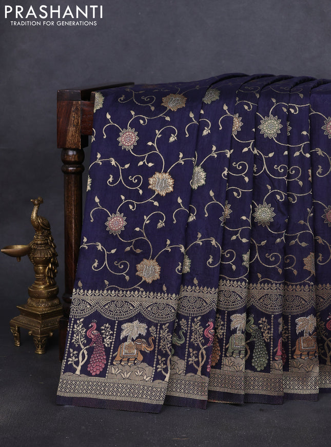Banarasi semi raw silk saree navy blue with allover floarl zari weaves and thread & zari woven border