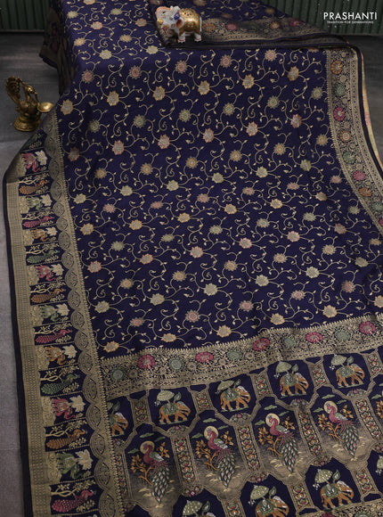 Banarasi semi raw silk saree navy blue with allover floarl zari weaves and thread & zari woven border