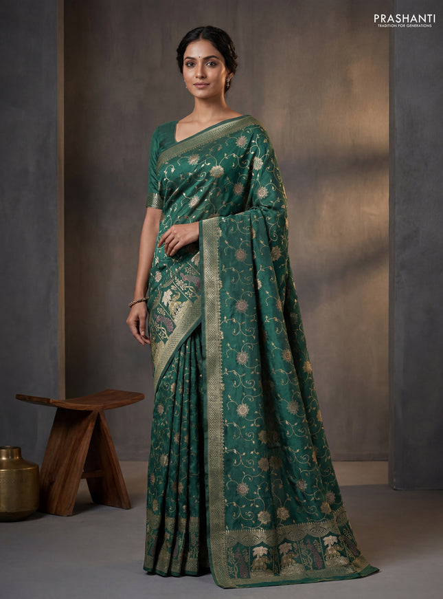 Banarasi semi raw silk saree dark green with allover floarl zari weaves and thread & zari woven border