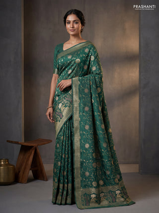 Banarasi semi raw silk saree dark green with allover floarl zari weaves and thread & zari woven border