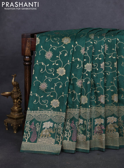 Banarasi semi raw silk saree dark green with allover floarl zari weaves and thread & zari woven border