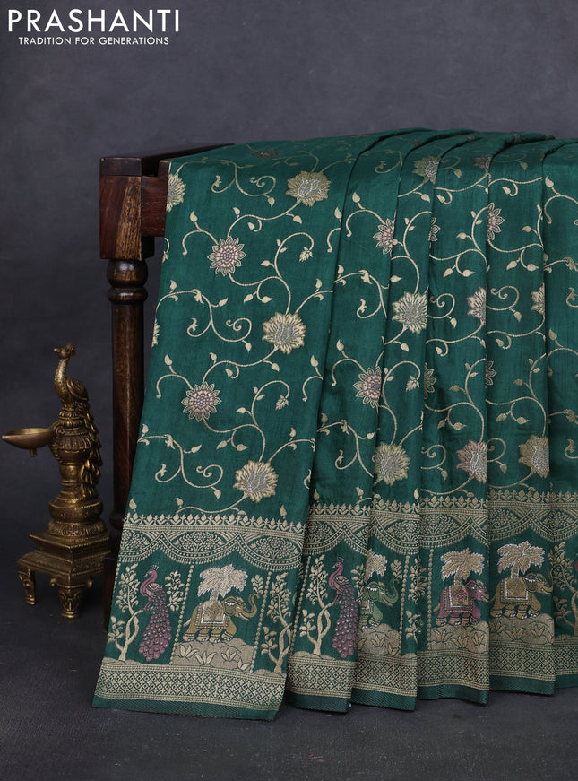 Banarasi semi raw silk saree dark green with allover floarl zari weaves and thread & zari woven border