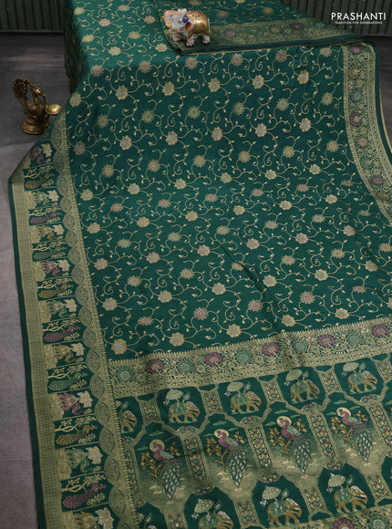 Banarasi semi raw silk saree dark green with allover floarl zari weaves and thread & zari woven border
