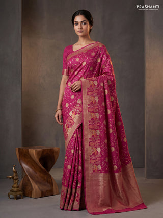 Banarasi semi raw silk saree dark magenta pink with allover floarl zari weaves and thread & zari woven border