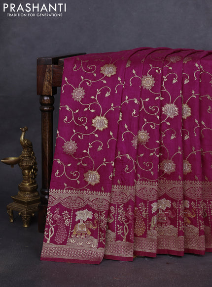 Banarasi semi raw silk saree dark magenta pink with allover floarl zari weaves and thread & zari woven border