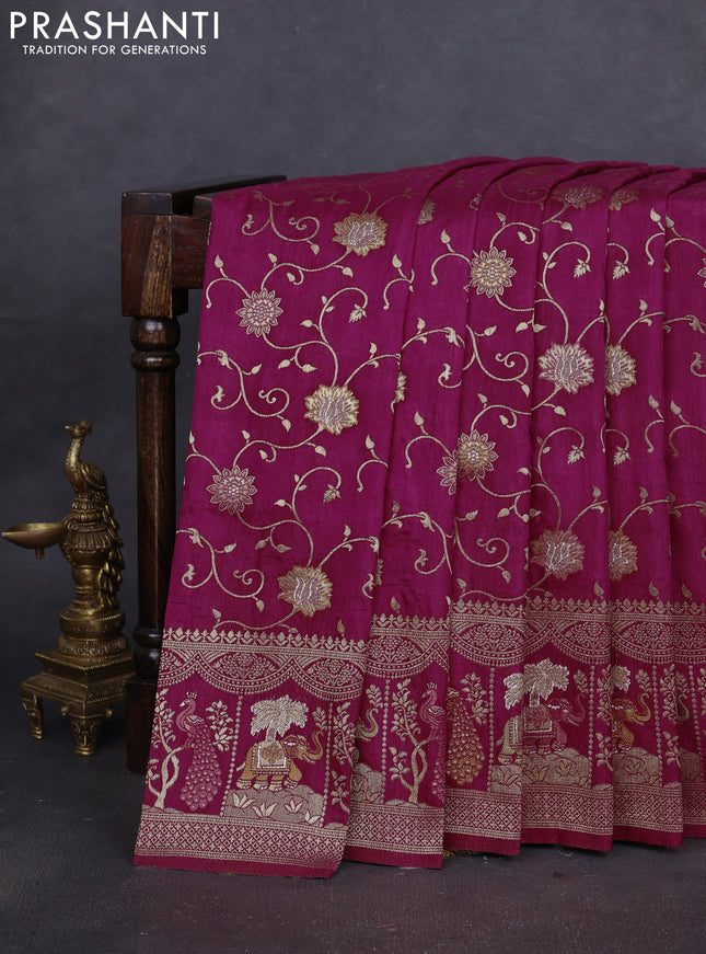 Banarasi semi raw silk saree dark magenta pink with allover floarl zari weaves and thread & zari woven border