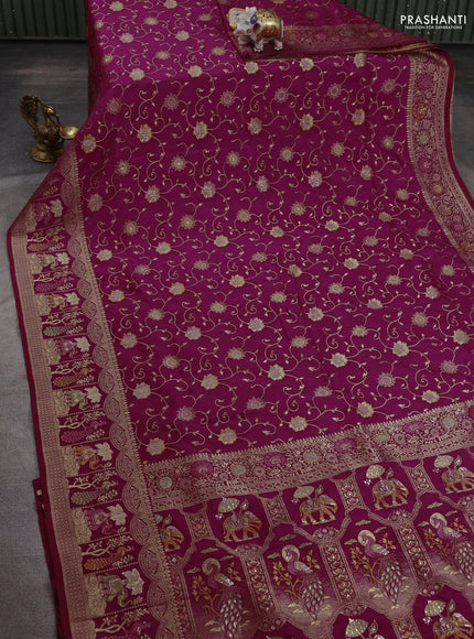 Banarasi semi raw silk saree dark magenta pink with allover floarl zari weaves and thread & zari woven border
