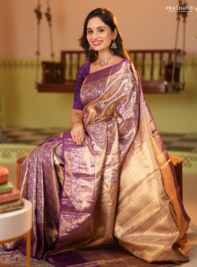 Pure kanchipuram tissue silk saree dual shade of purple and purple with allover zari woven brocade weaves and long zari woven border