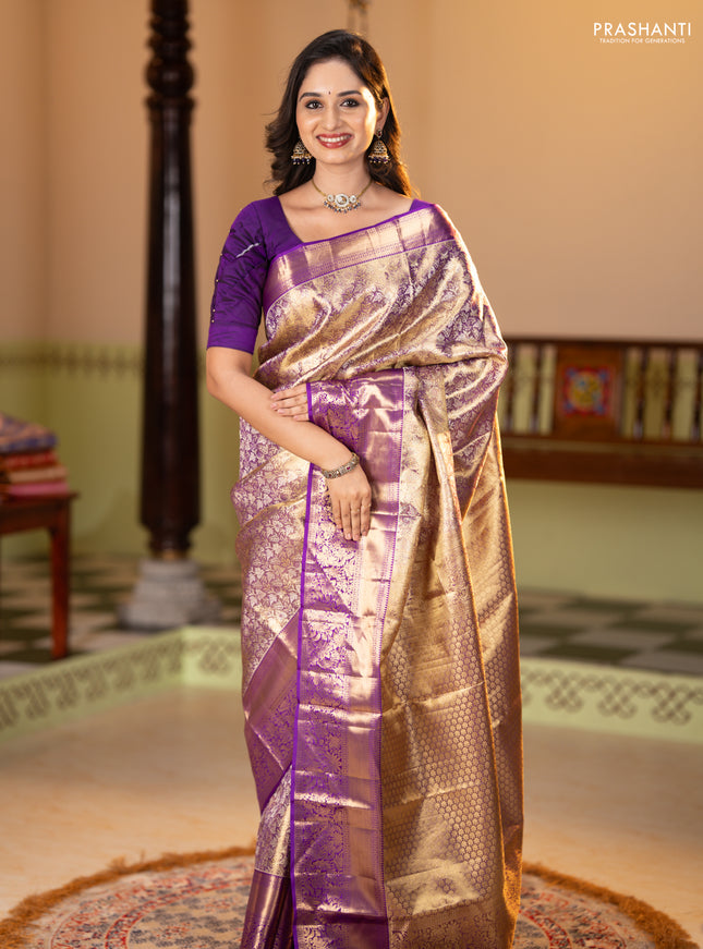 Pure kanchipuram tissue silk saree dual shade of purple and purple with allover zari woven brocade weaves and long zari woven border