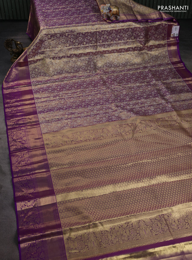 Pure kanchipuram tissue silk saree dual shade of purple and purple with allover zari woven brocade weaves and long zari woven border