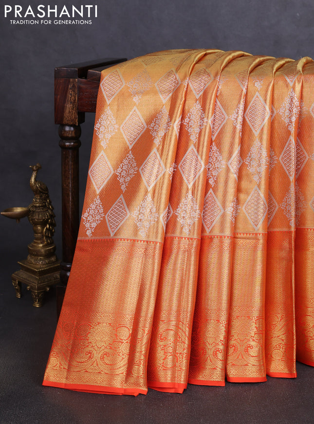 Pure kanchipuram tissue silk saree dual shade of orange and orange with allover zari woven brocade weaves and long zari woven border