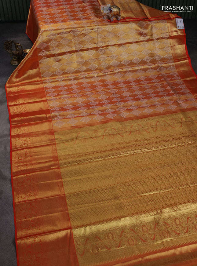 Pure kanchipuram tissue silk saree dual shade of orange and orange with allover zari woven brocade weaves and long zari woven border
