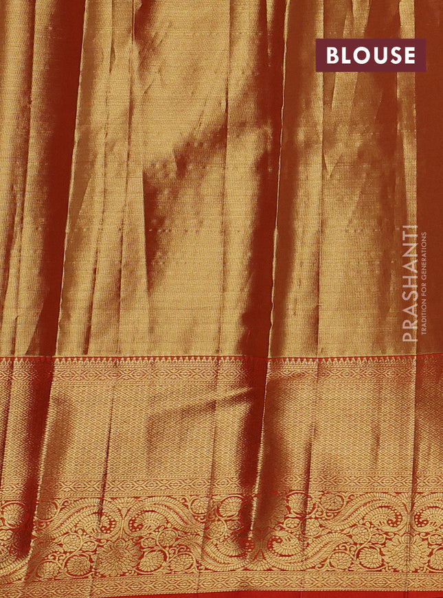Pure kanchipuram tissue silk saree dual shade of orange and orange with allover zari woven brocade weaves and long zari woven border