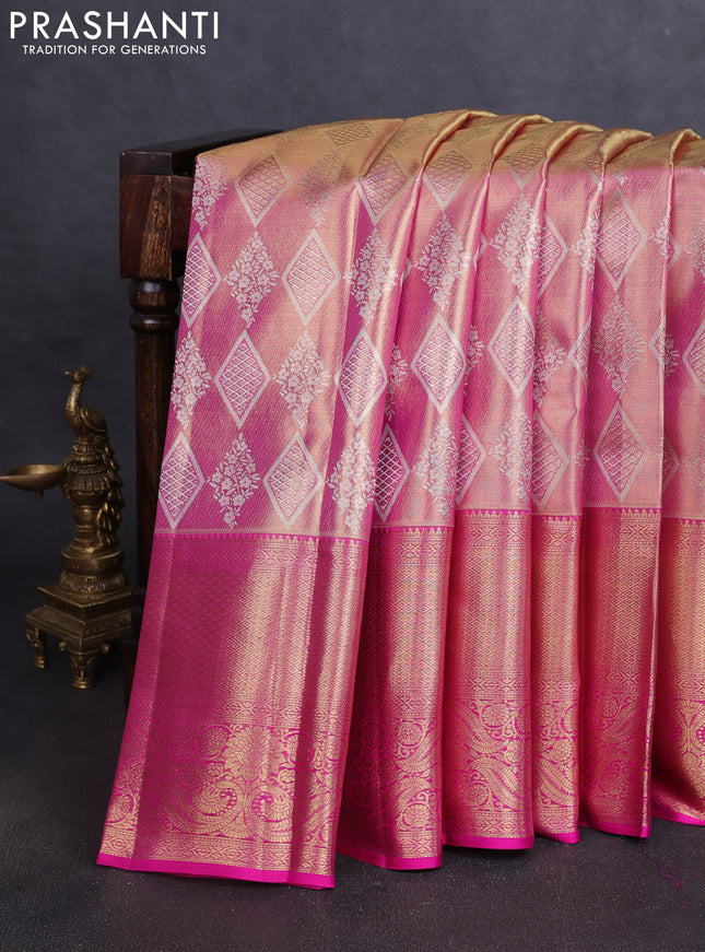 Pure kanchipuram tissue silk saree dual shade of pink and pink with allover zari woven brocade weaves and long zari woven border