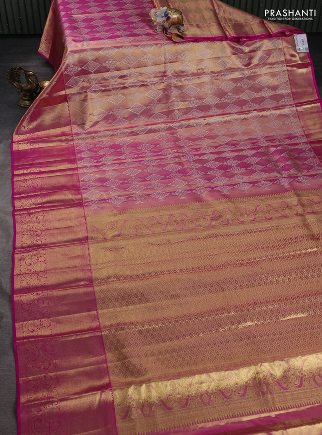Pure kanchipuram tissue silk saree dual shade of pink and pink with allover zari woven brocade weaves and long zari woven border