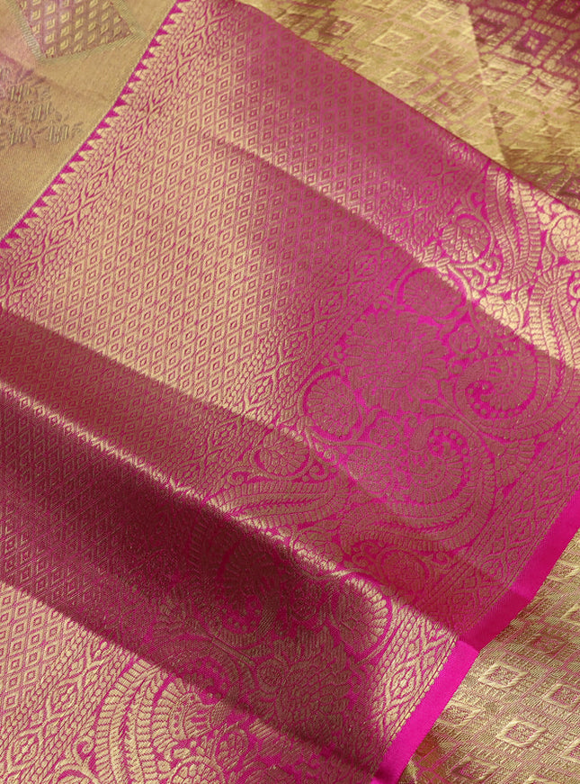 Pure kanchipuram tissue silk saree dual shade of pink and pink with allover zari woven brocade weaves and long zari woven border