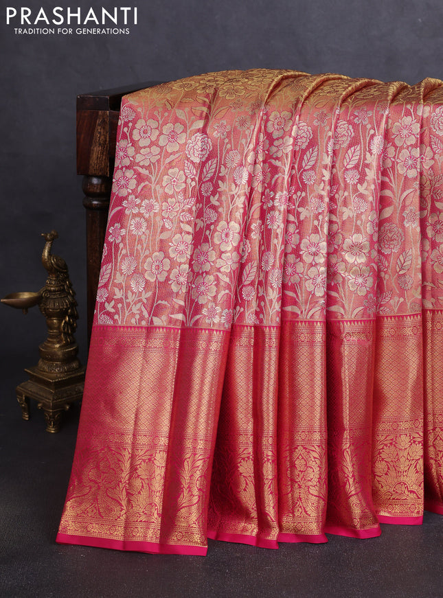 Pure kanchipuram tissue silk saree pink with allover floral zari woven brocade weaves and long zari woven border