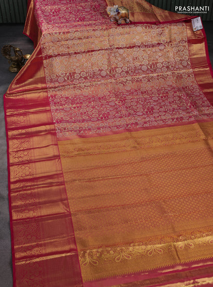 Pure kanchipuram tissue silk saree pink with allover floral zari woven brocade weaves and long zari woven border