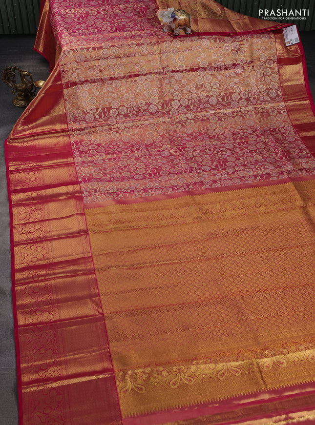 Pure kanchipuram tissue silk saree pink with allover floral zari woven brocade weaves and long zari woven border