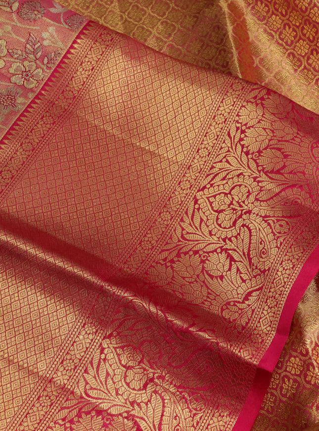 Pure kanchipuram tissue silk saree pink with allover floral zari woven brocade weaves and long zari woven border