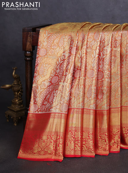 Pure kanchipuram tissue silk saree dual shade of red and red with allover floral zari woven brocade weaves and zari woven border
