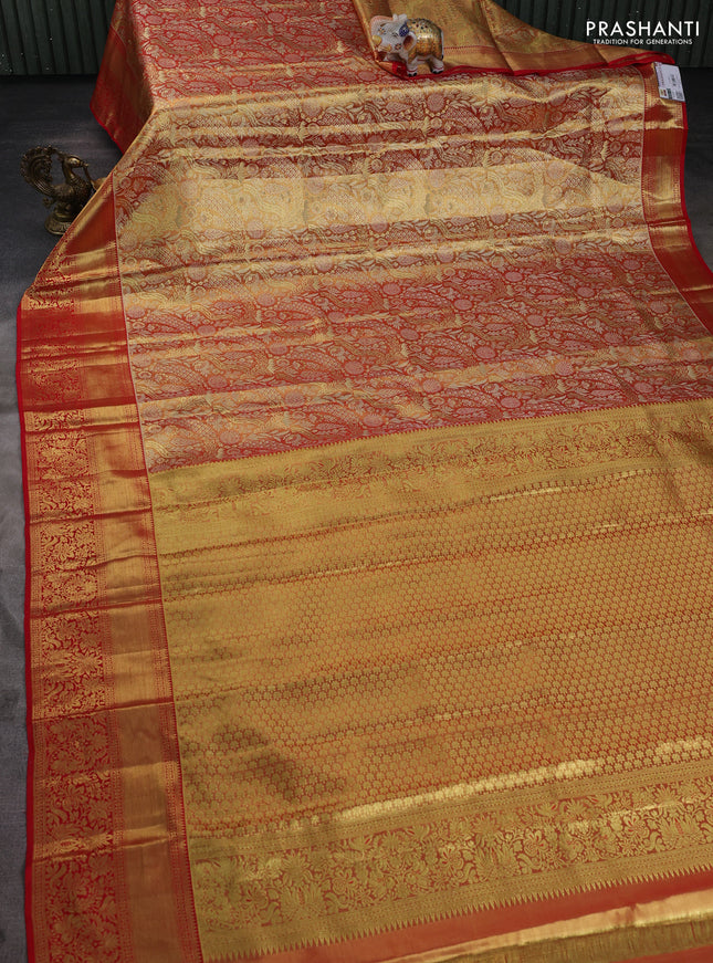 Pure kanchipuram tissue silk saree dual shade of red and red with allover floral zari woven brocade weaves and zari woven border