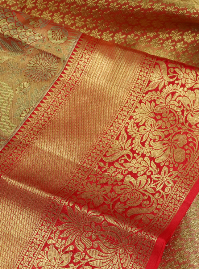 Pure kanchipuram tissue silk saree dual shade of red and red with allover floral zari woven brocade weaves and zari woven border