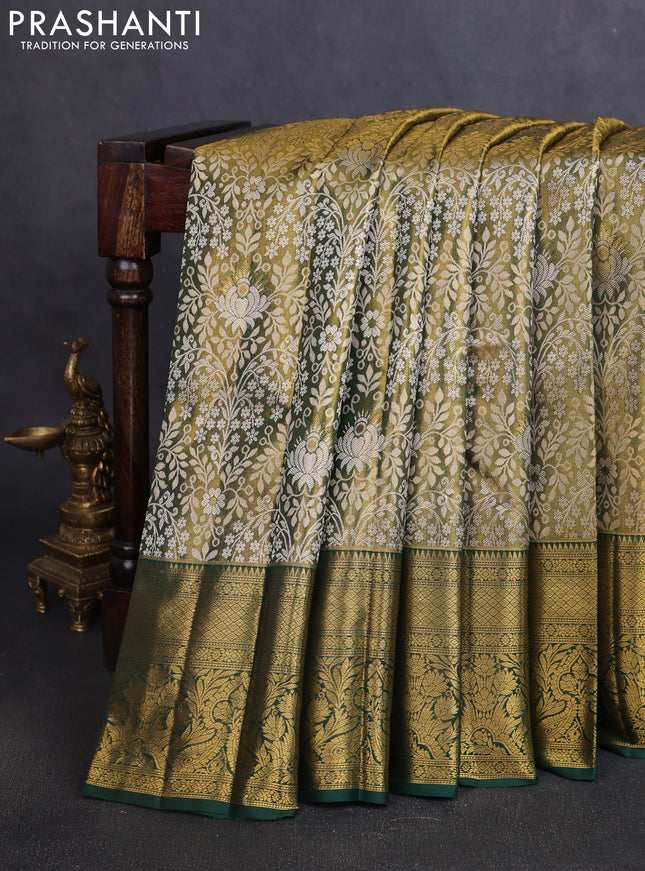 Pure kanchipuram tissue silk saree dual shade of green and green with allover floral zari woven brocade weaves and zari woven border