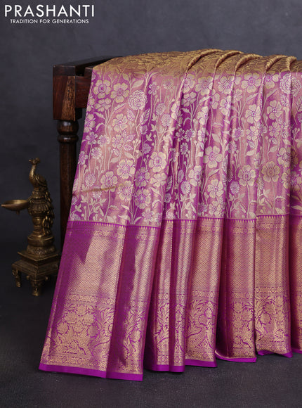 Pure kanchipuram tissue silk saree dual shade of purple and purple with allover floral zari woven brocade weaves and long zari woven border