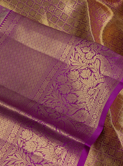 Pure kanchipuram tissue silk saree dual shade of purple and purple with allover floral zari woven brocade weaves and long zari woven border