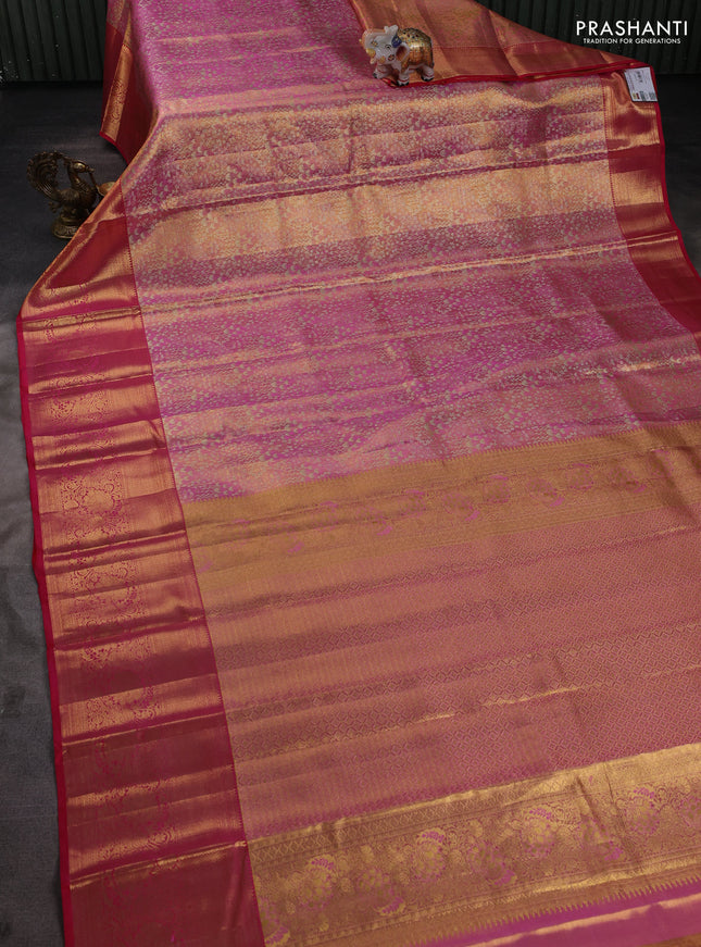 Pure kanchipuram tissue silk saree pink with allover zari woven brocade weaves and zari woven border