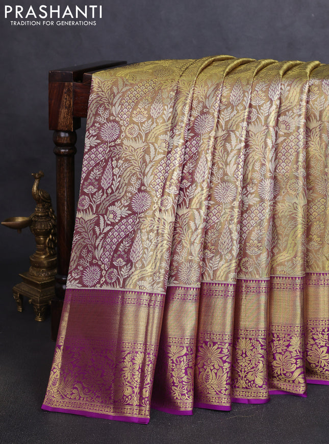 Pure kanchipuram tissue silk saree dual shade of gold and purple with allover floral zari woven brocade weaves and zari woven border