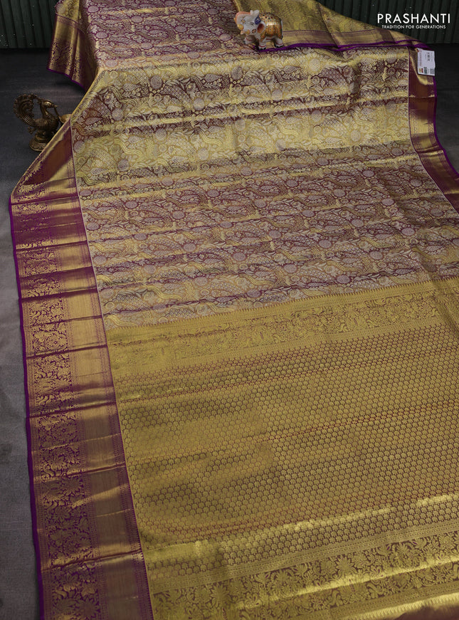 Pure kanchipuram tissue silk saree dual shade of gold and purple with allover floral zari woven brocade weaves and zari woven border