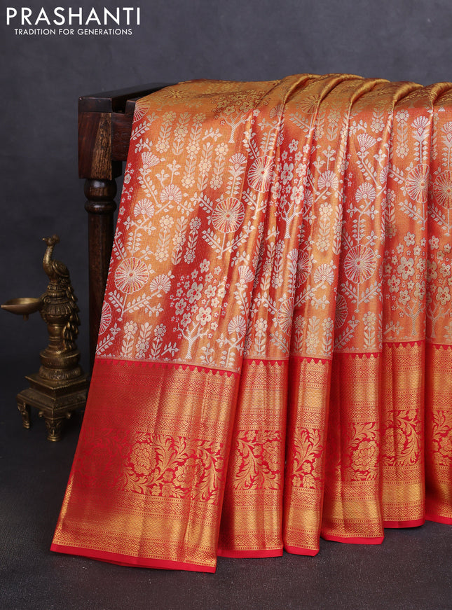 Pure kanchipuram tissue silk saree red with allover floral zari woven brocade weaves and long zari woven border