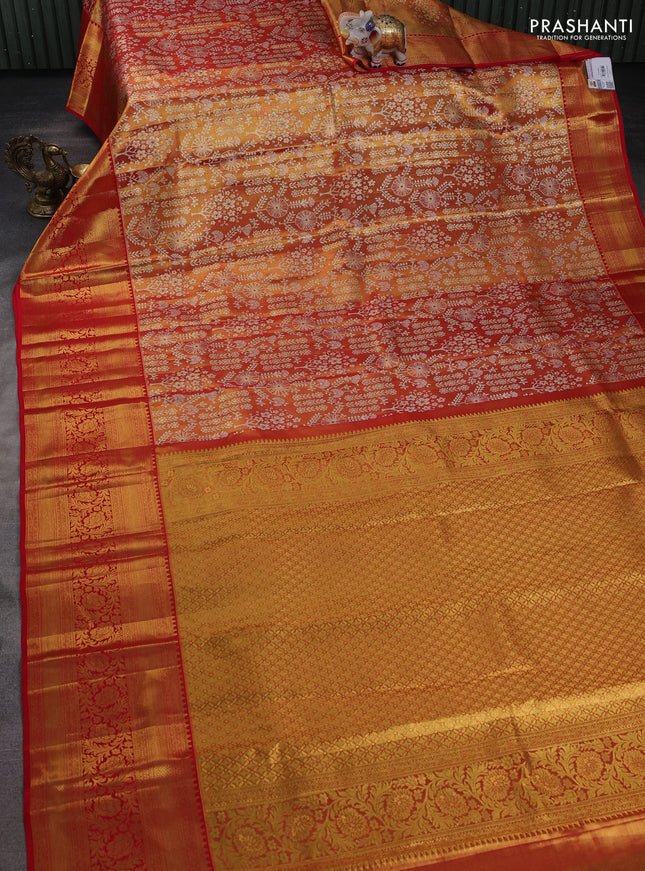 Pure kanchipuram tissue silk saree red with allover floral zari woven brocade weaves and long zari woven border