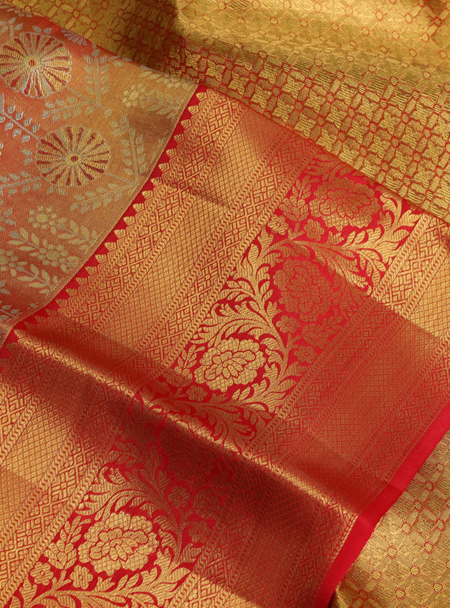 Pure kanchipuram tissue silk saree red with allover floral zari woven brocade weaves and long zari woven border