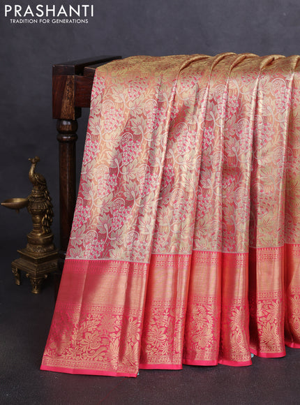 Pure kanchipuram tissue silk saree peach pink with allover floral zari woven brocade weaves and zari woven border