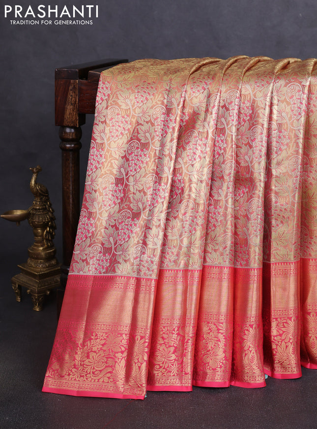 Pure kanchipuram tissue silk saree peach pink with allover floral zari woven brocade weaves and zari woven border