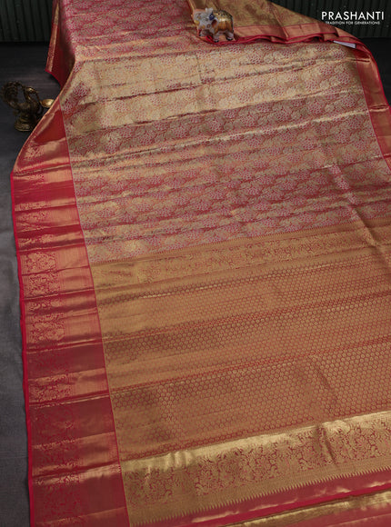 Pure kanchipuram tissue silk saree peach pink with allover floral zari woven brocade weaves and zari woven border
