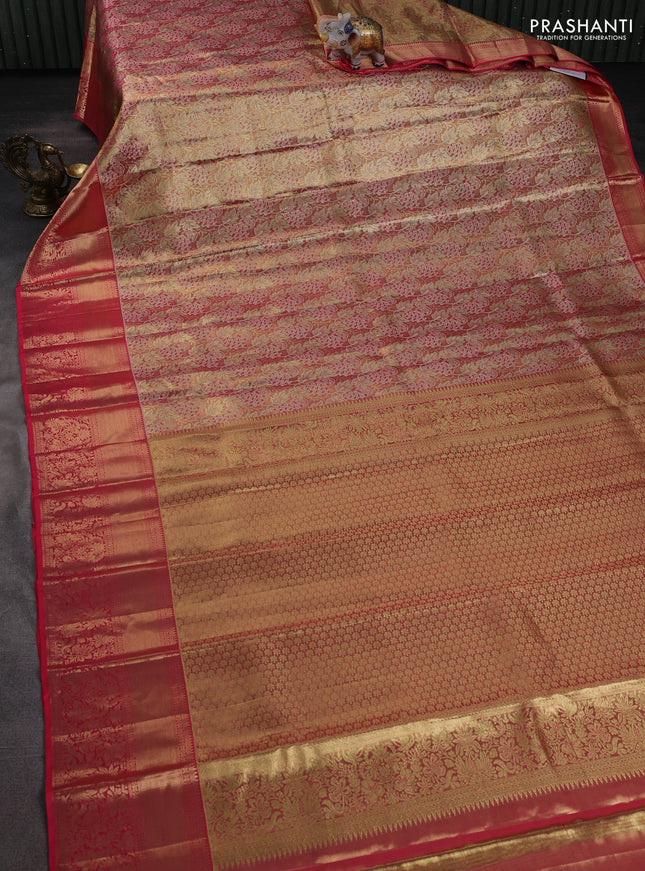 Pure kanchipuram tissue silk saree peach pink with allover floral zari woven brocade weaves and zari woven border