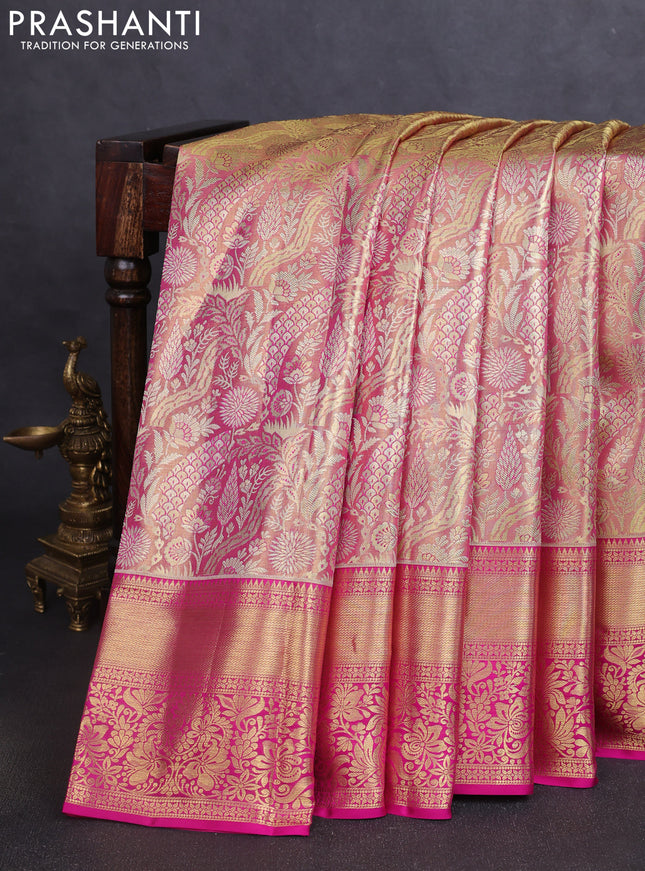 Pure kanchipuram tissue silk saree magenta pink with allover zari woven brocade weaves and zari woven border