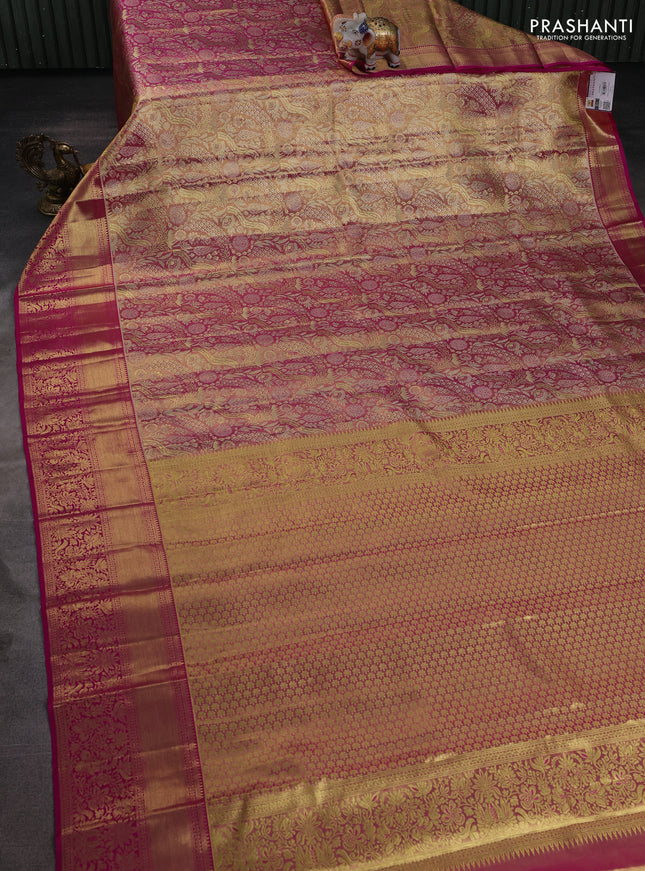 Pure kanchipuram tissue silk saree magenta pink with allover zari woven brocade weaves and zari woven border