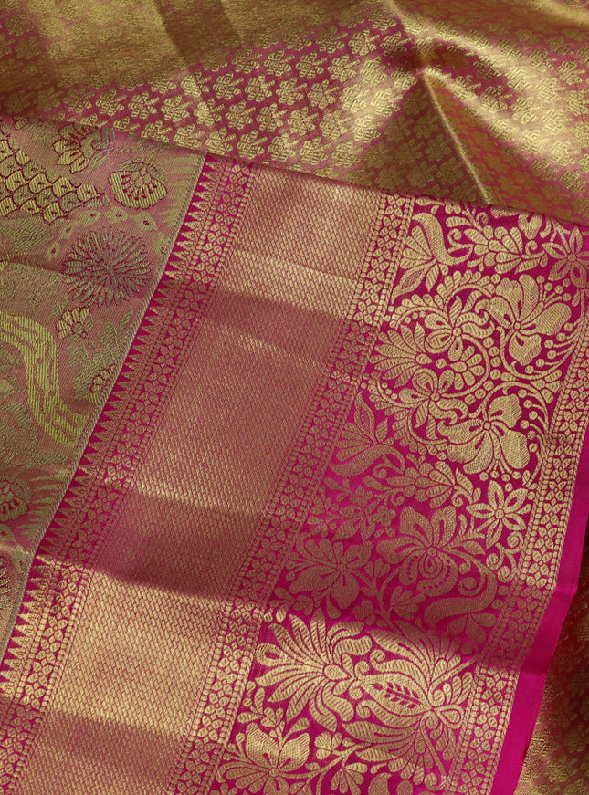 Pure kanchipuram tissue silk saree magenta pink with allover zari woven brocade weaves and zari woven border