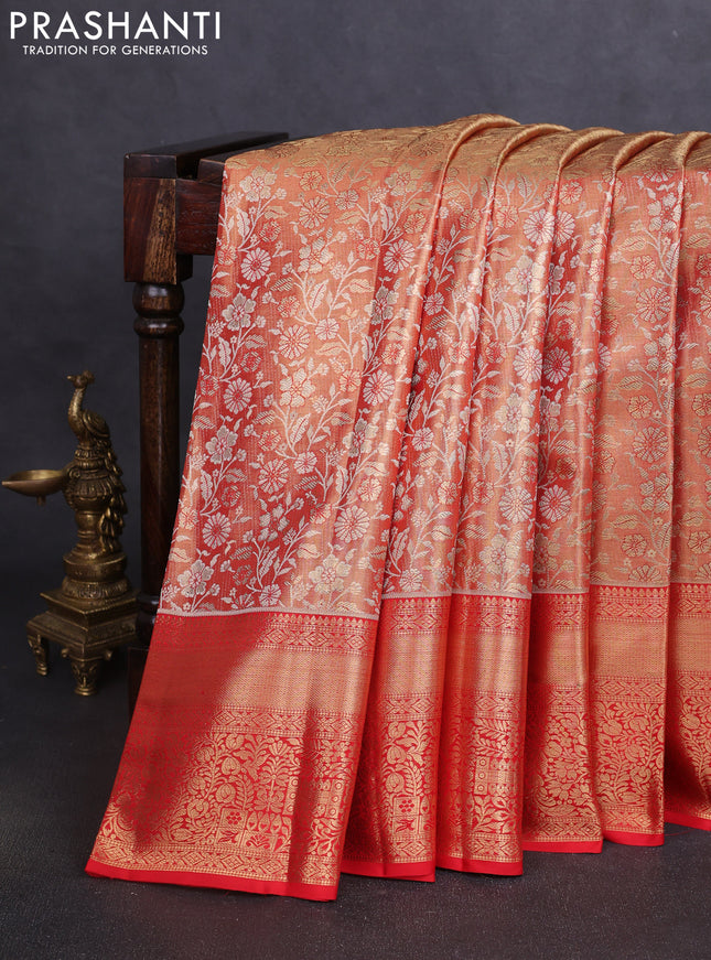 Pure kanchipuram tissue silk saree duual shade of red and red with allover floral zari woven brocade weaves and zari woven border