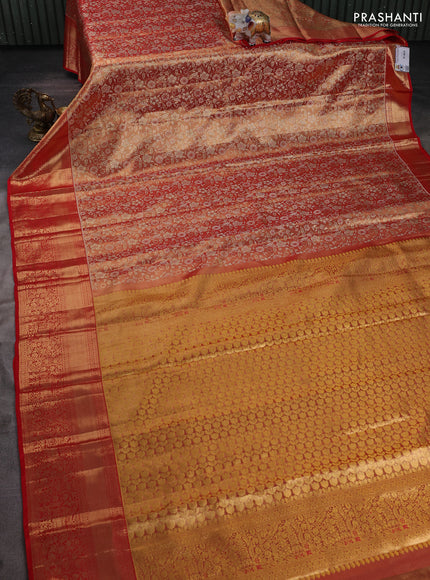 Pure kanchipuram tissue silk saree duual shade of red and red with allover floral zari woven brocade weaves and zari woven border